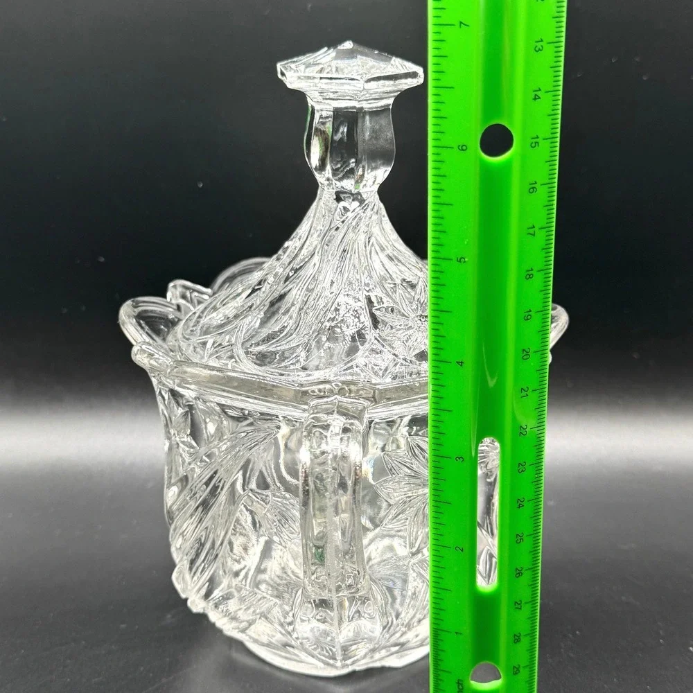 Vtg. Pressed Glass Sunflower Large Lidded Sugar Bowl Clear‎ Floral Double Handle
